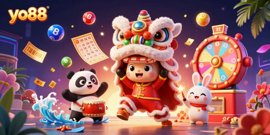 Engage with yo88's vibrant lottery action featuring animated characters amidst colorful game elements.