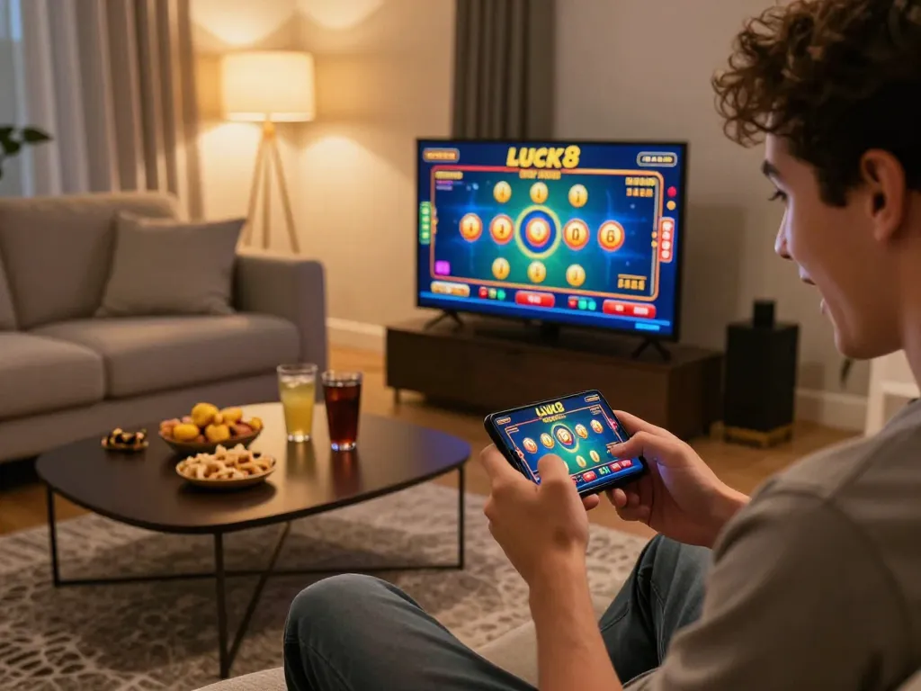Người chơi LUCK8 tham gia trò chơi di động và ăn mừng khoảnh khắc chiến thắng trong không gian phòng khách ấm cúng