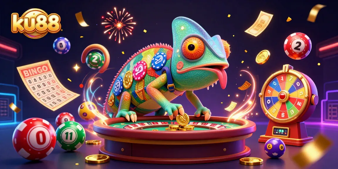 ku88 extravaganza with a dynamic chameleon casino owner surrounded by lottery excitement