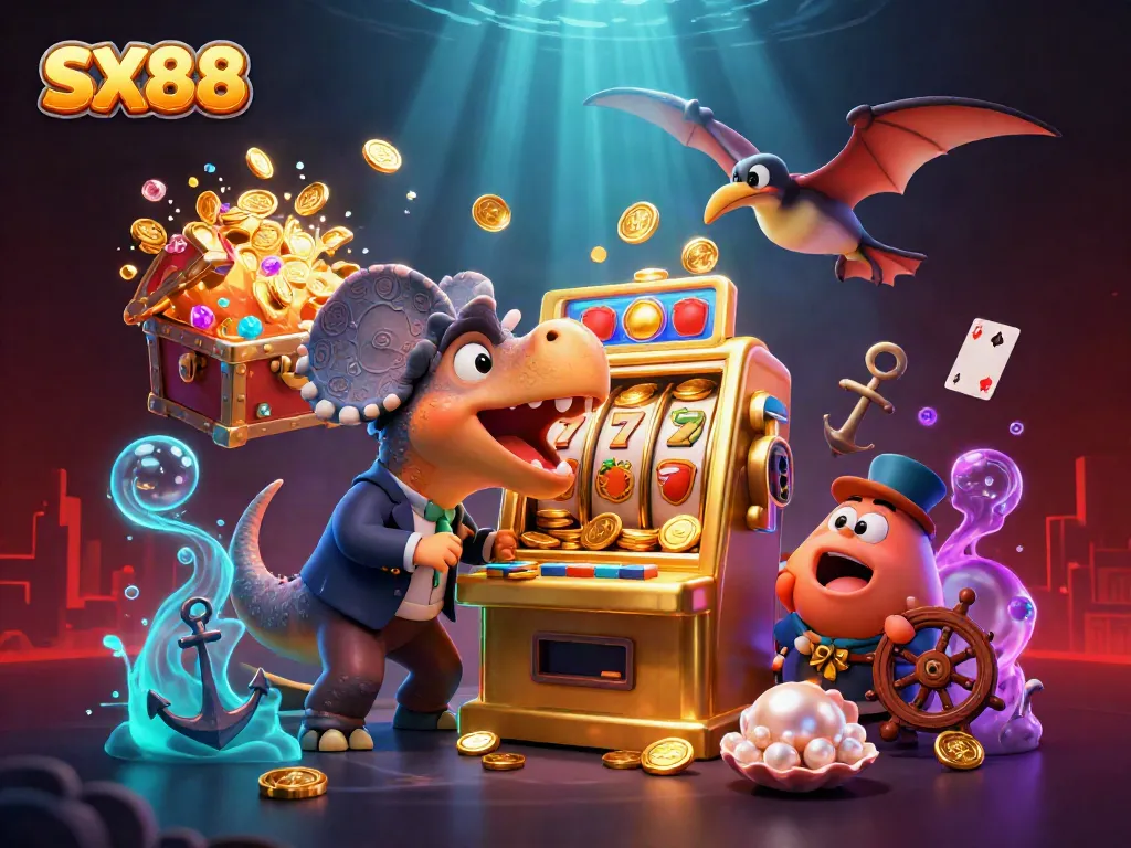SX88 jackpot scene with a pachycephalosaurus, ankylosaur manager, and pteranodon amidst flying coins.