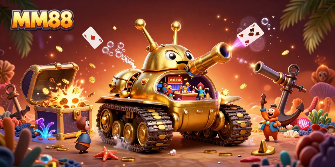 Experience the vibrant MM88 casino adventure with golden beetle tank and treasure elements.