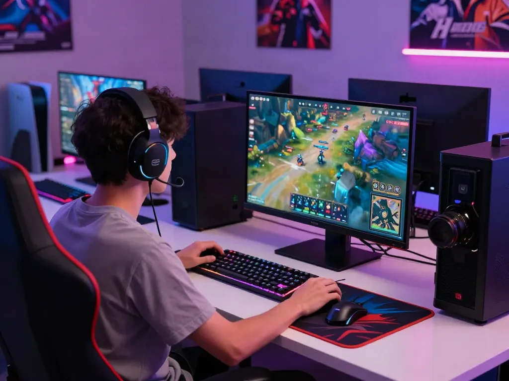 Focused gamer enjoying fabet esports match in a vibrant gaming setup with dynamic lighting.