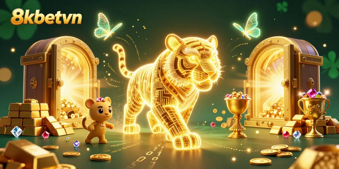 Engage with the vibrant 8kbetvn casino scene, featuring a neon tiger and dazzling treasures.