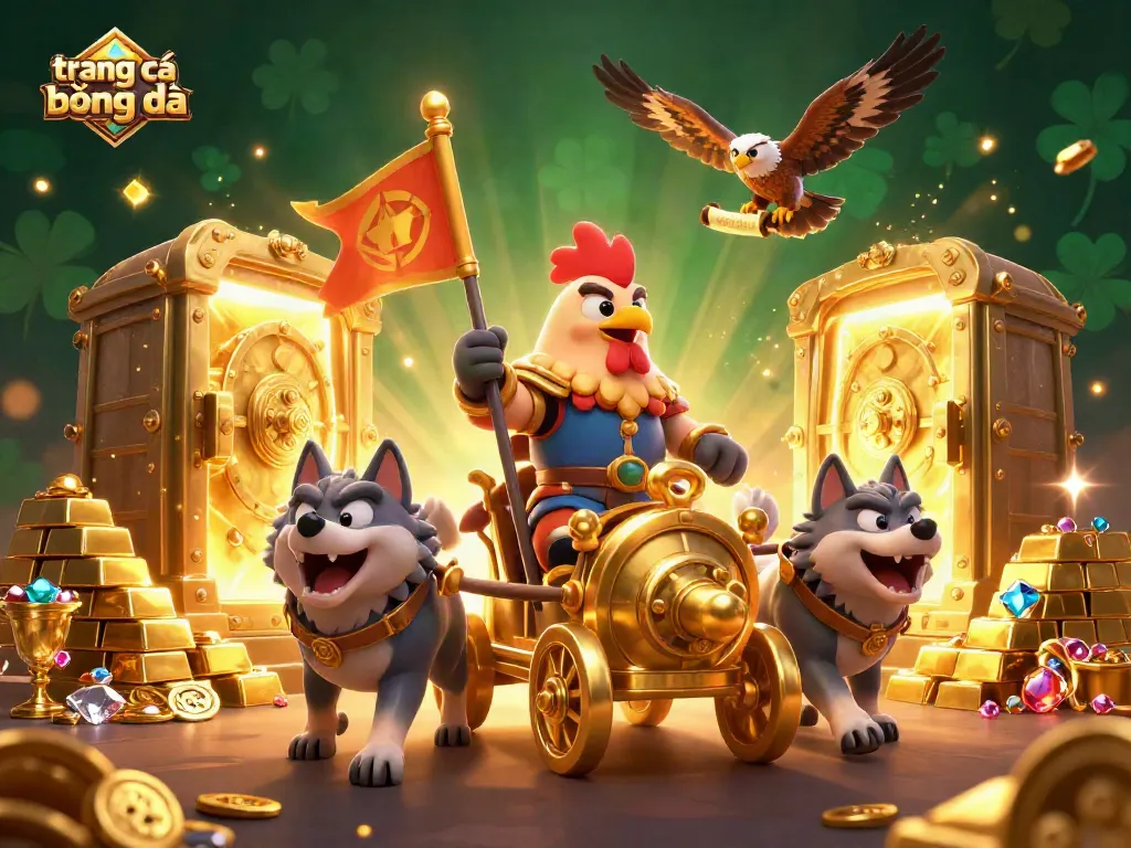 Trang cá cược bóng đá với chiến binh gà trống cưỡi xe vàng, lấp lánh vàng và bảo vật xung quanh.