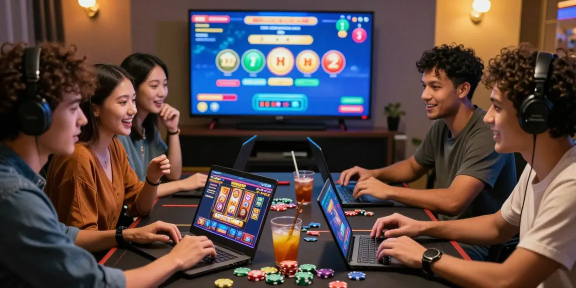 Group of friends enjoying online gaming together discussing deposit tanpa minimal and thrilling slot games.