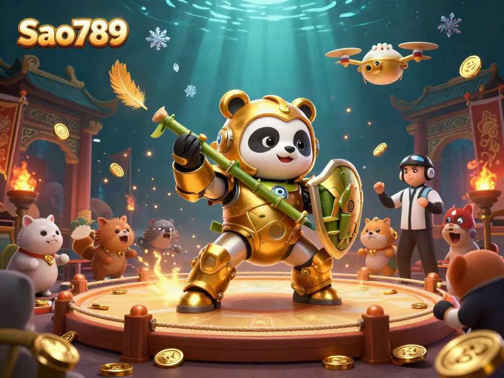 Sao789 features an exciting 3D scene of a golden panda piloting a robot in a vibrant casino arena.