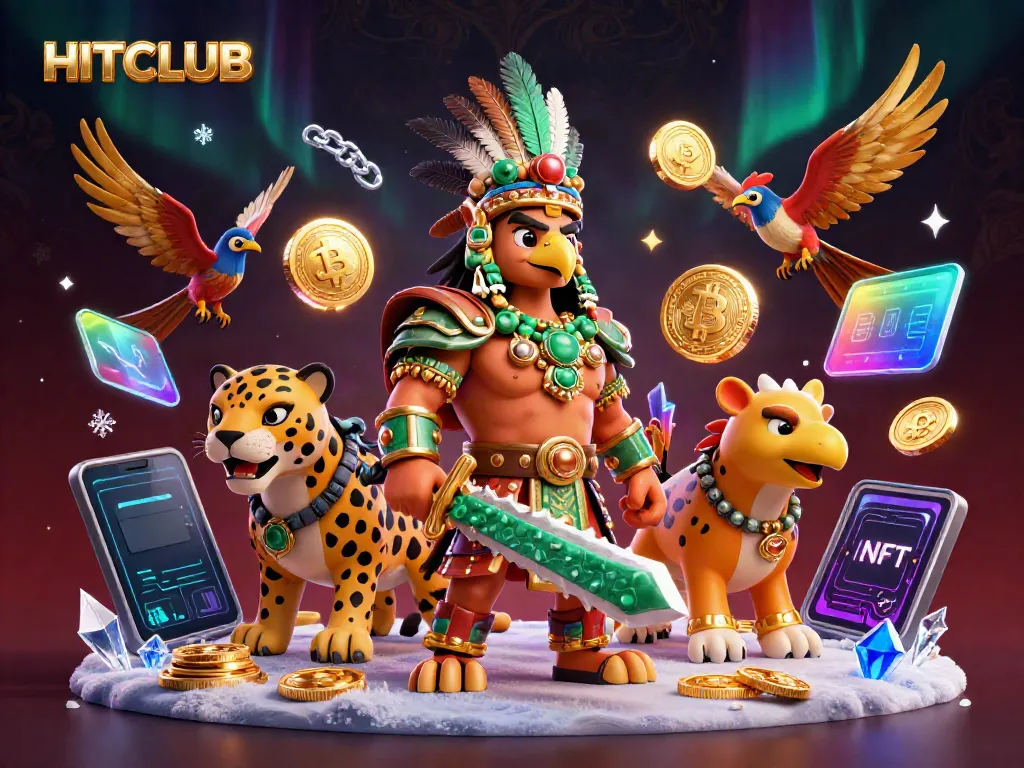 HITCLUB features Aztec warriors among glowing crypto coins in a dynamic casino illustration.