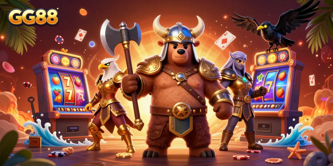 Engage with thrilling slots and jackpots at GG88 with immersive 3D cartoon characters in a vibrant casino scene.