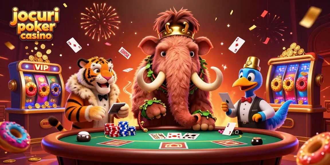 Joacă jocuri poker casino cu personaje animate unice într-un cadru vibrant de cazinou.