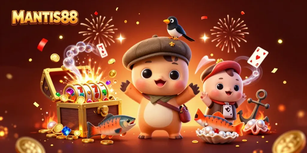 Play and win with MANTIS88 in a festive 3D casino-themed underwater scene full of treasures.