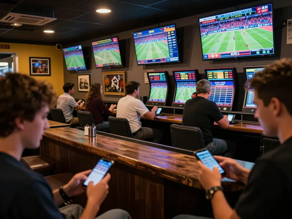 MM88 sports betting patrons engaging with live events and betting screens.