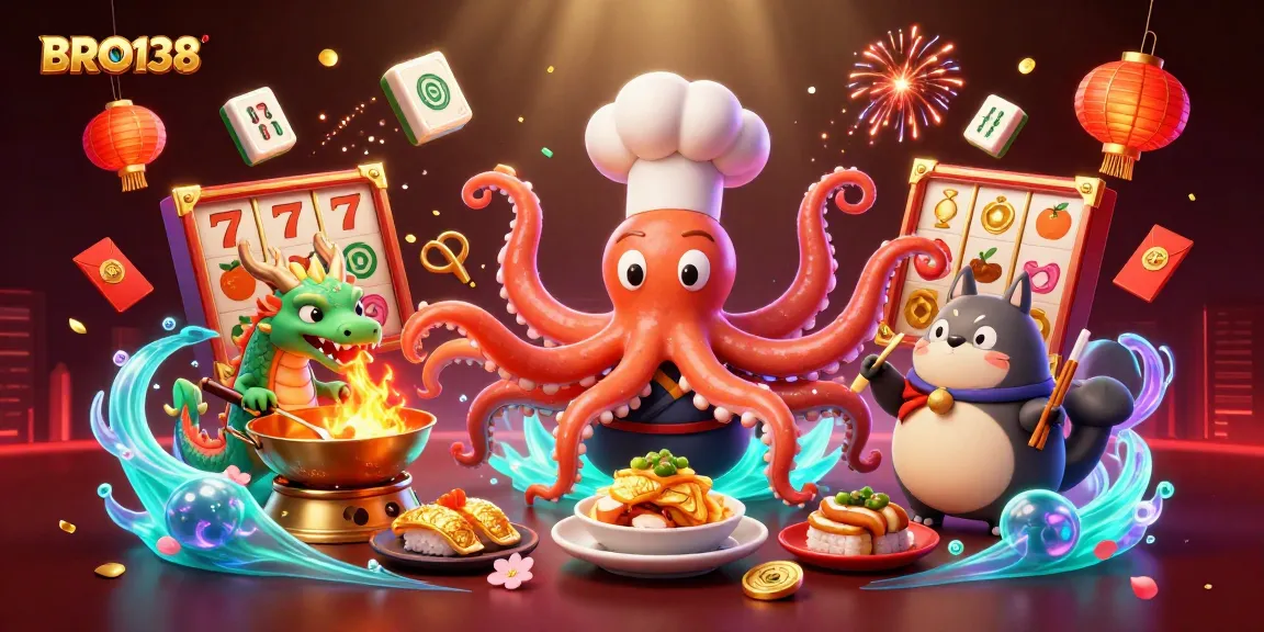 Experience exciting slots at BRO138 with a dynamic illustration featuring unique characters and casino elements.