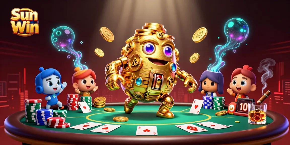 Experience the thrill of Sun Win with this vibrant casino illustration showcasing poker action and golden golem.