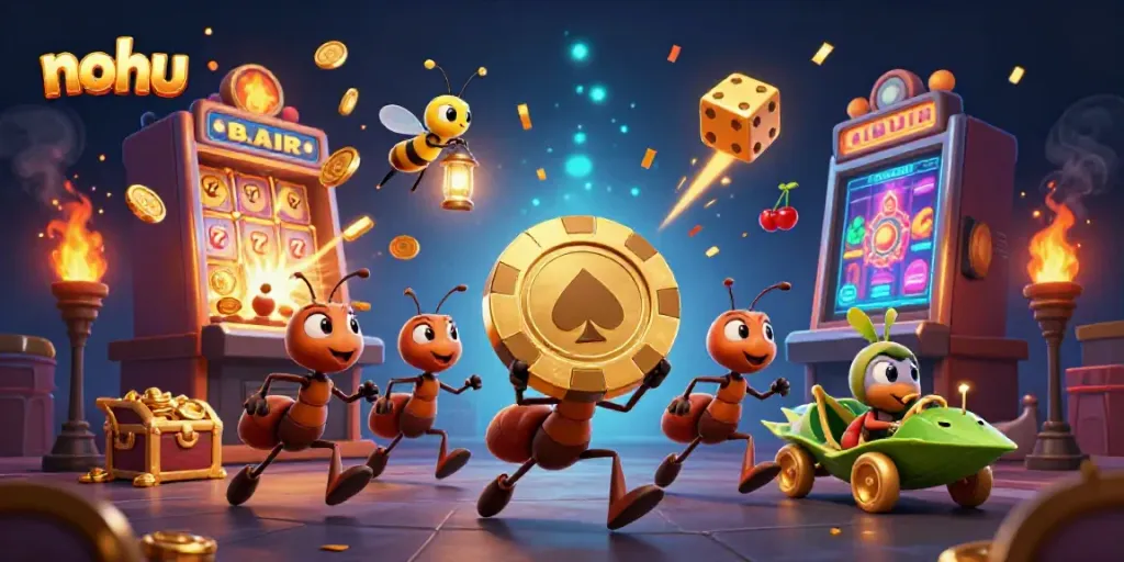 Join the nohu team of cartoon ants in a thrilling casino heist, navigating golden poker chips and vibrant games.