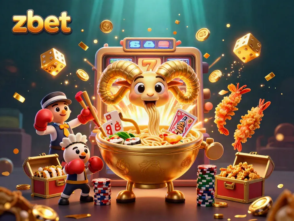 Experience zbet with a vibrant casino scene featuring a golden ramen bowl character and abundant game elements.
