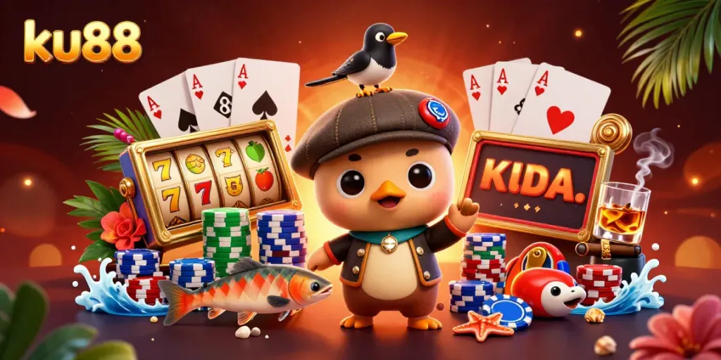 Engage with ku88 through immersive slot games featuring vibrant characters and rich casino imagery.