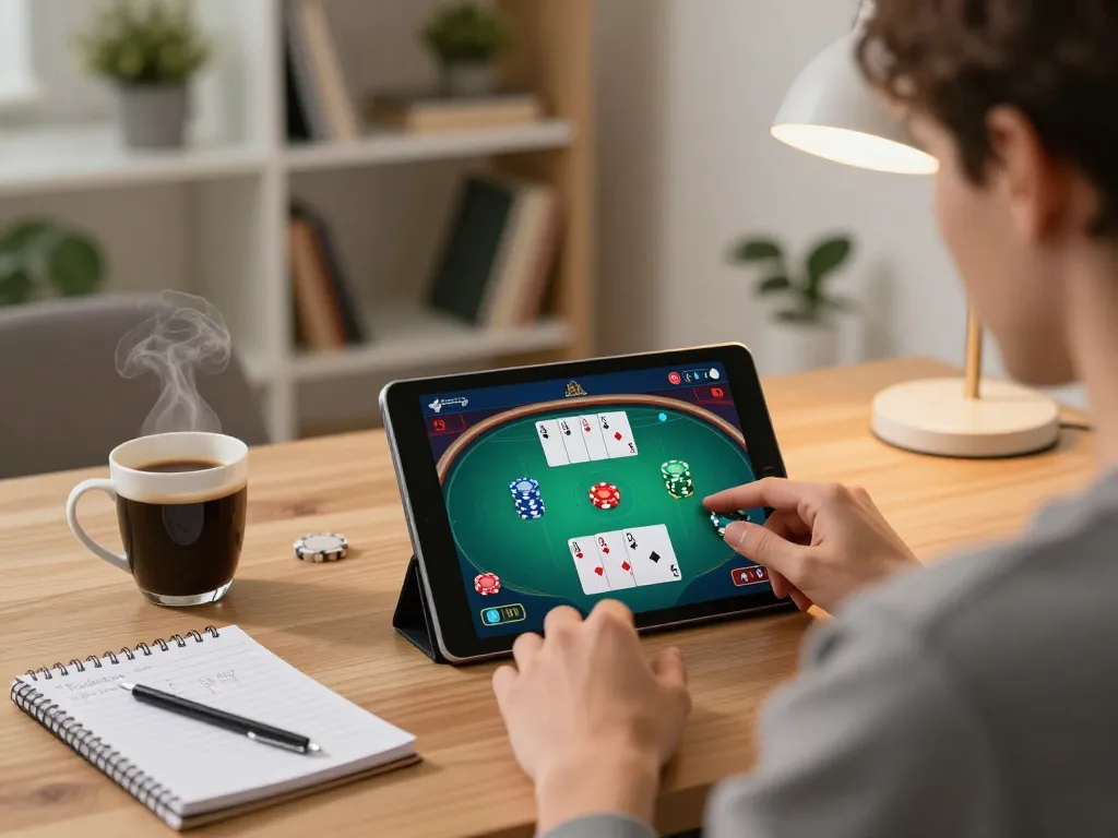 Person engaging in online poker gaming on a tablet, highlighting o8 platform experience at home.