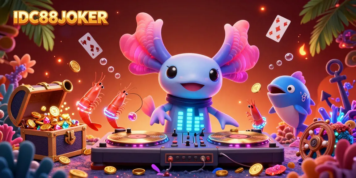 Witness the vibrant IDC88JOKER scene with an axolotl DJ spinning and treasure elements, making underwater gaming thrilling.