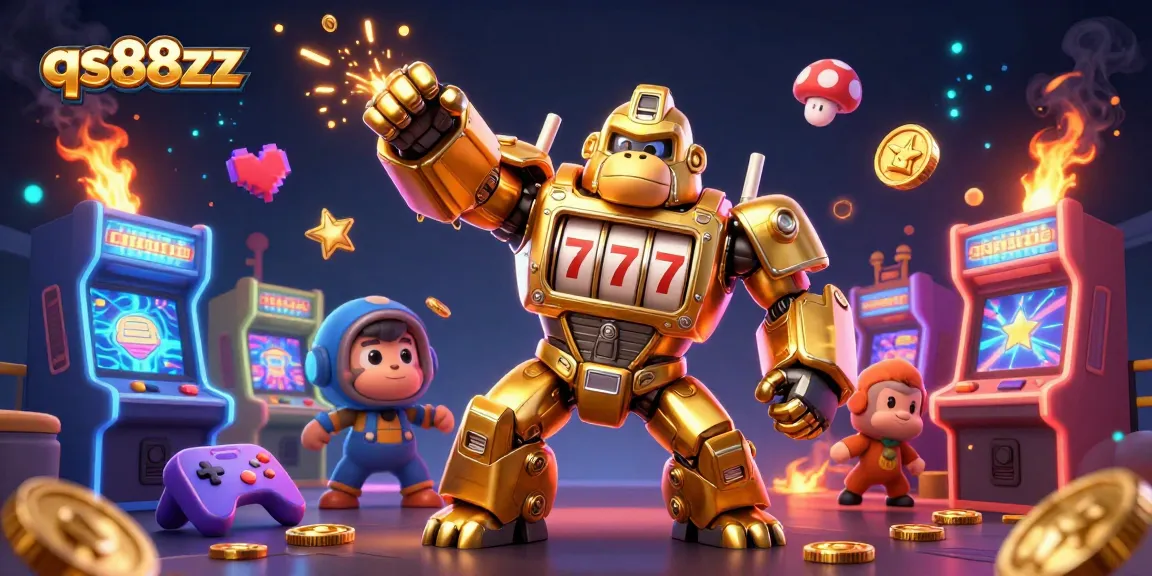 Experience the excitement of qs88zz with a dynamic golden mech, coins, and arcade elements!