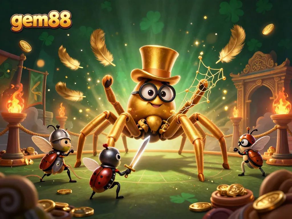 Gem88 showcases a giant golden tarantula weaving a web of gold in a fun casino scene.
