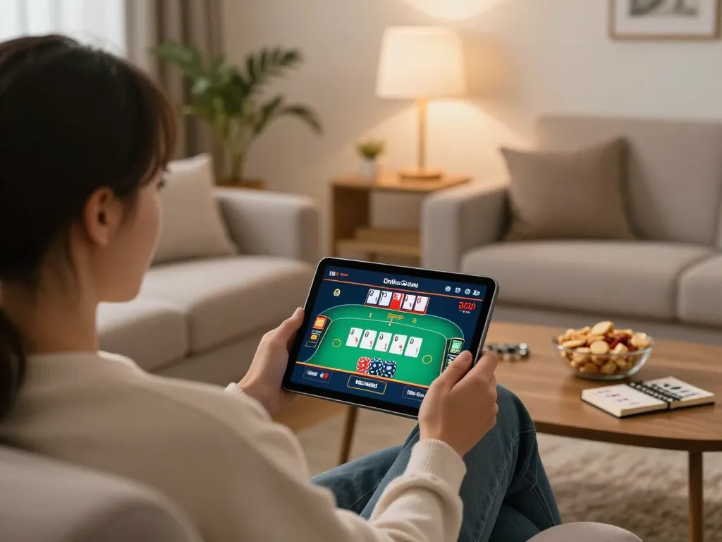 Enjoying online gaming at home with bagus-surfcamp, featuring a cozy atmosphere and thrilling poker action.