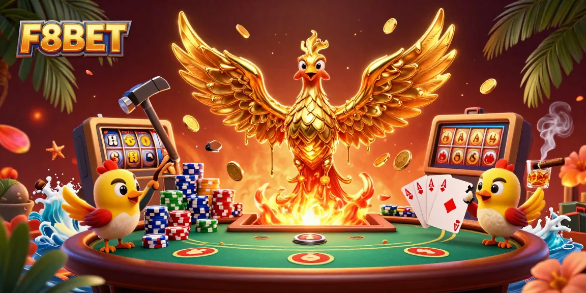 Experience thrilling gaming adventures at F8BET with dynamic casino elements featuring a golden phoenix and poker themes.