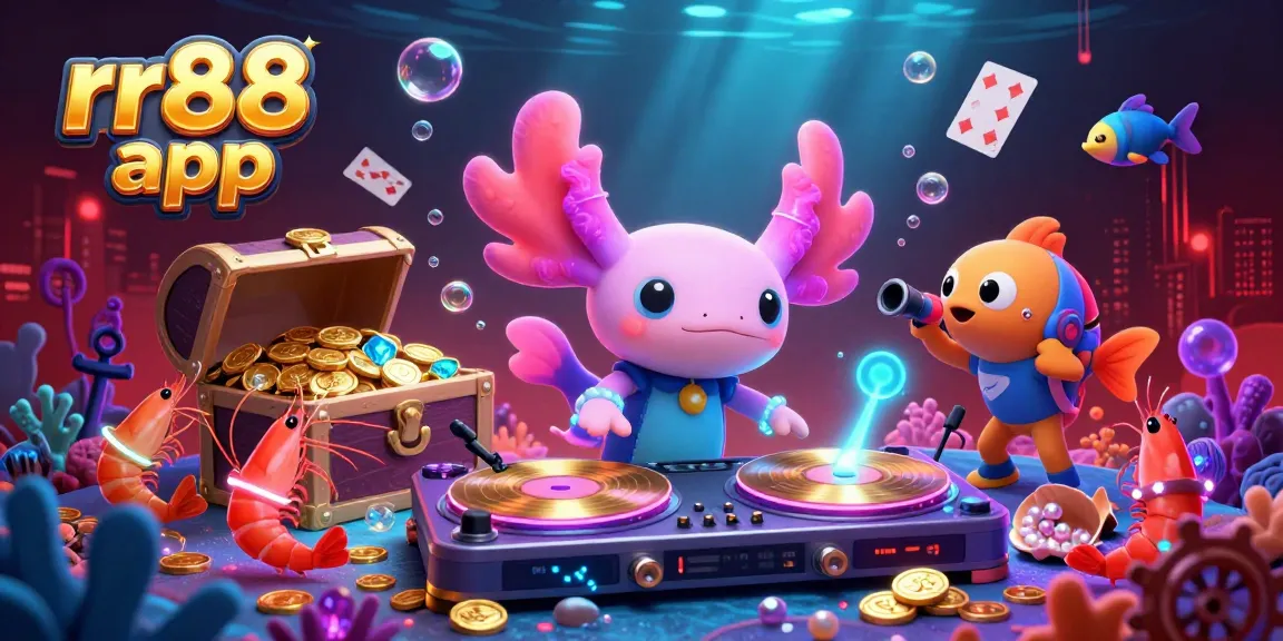 Engage with the rr88 app while spinning golden vinyl at a vibrant casino party under the sea.