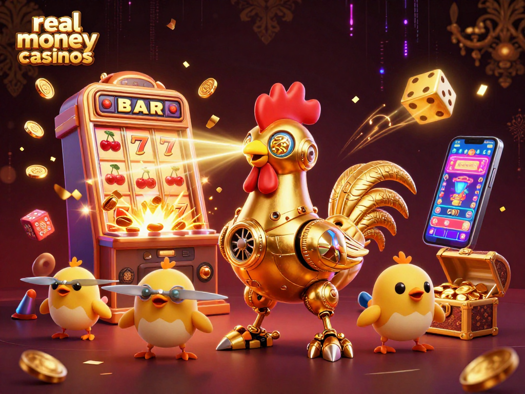 Engage with real money casinos in an exhilarating 3D illustration of a golden rooster robot and baby chick drones.