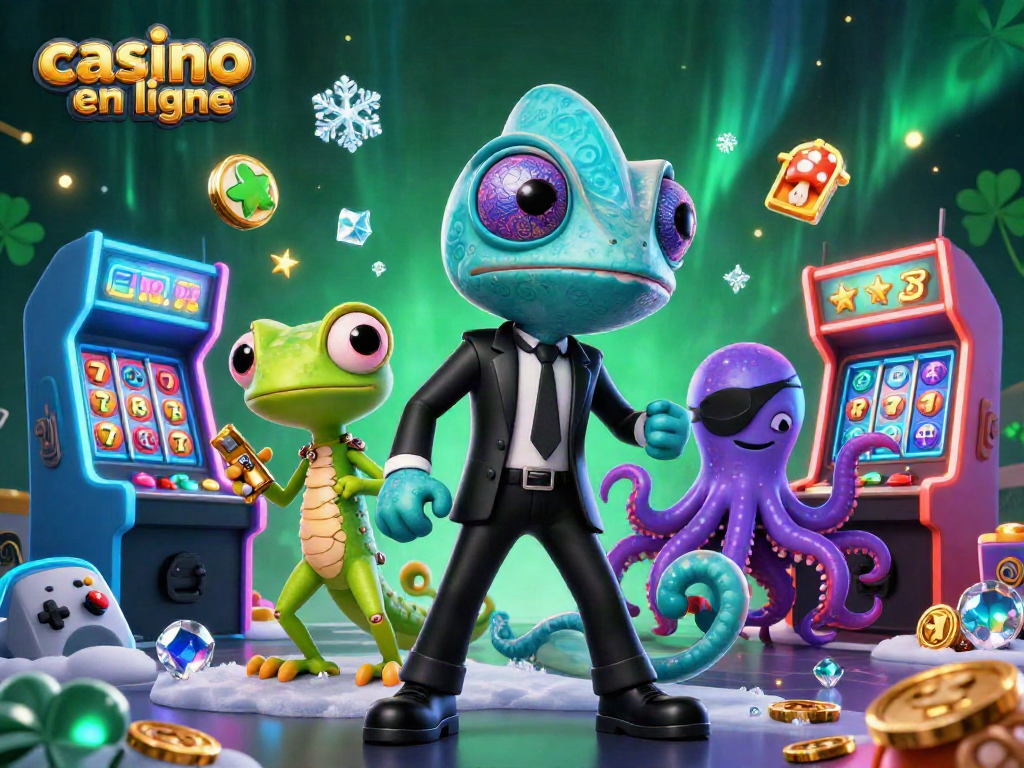 Découvrez un casino en ligne vibrant à travers une illustration 3D animée.