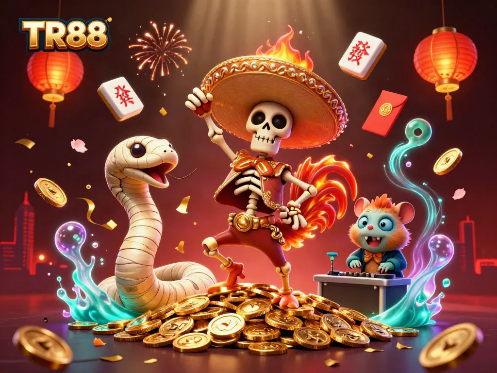 Win big at TR88 online casino with vibrant characters celebrating amidst glowing festive elements.