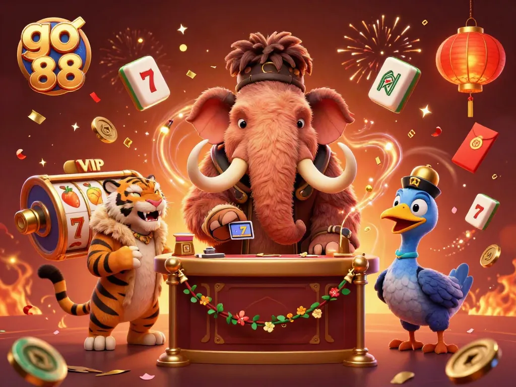 Check IDs at the entry of go 88 casino featuring a woolly mammoth bouncer, saber-tooth tiger VIP, and dodo doorman.