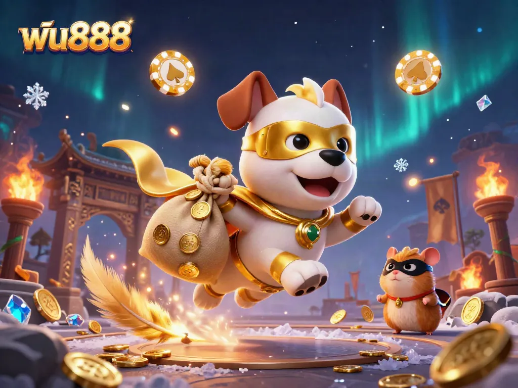 ฟัน888 supercharged with excitement as a cartoon dog hero soars above a vibrant casino scene.