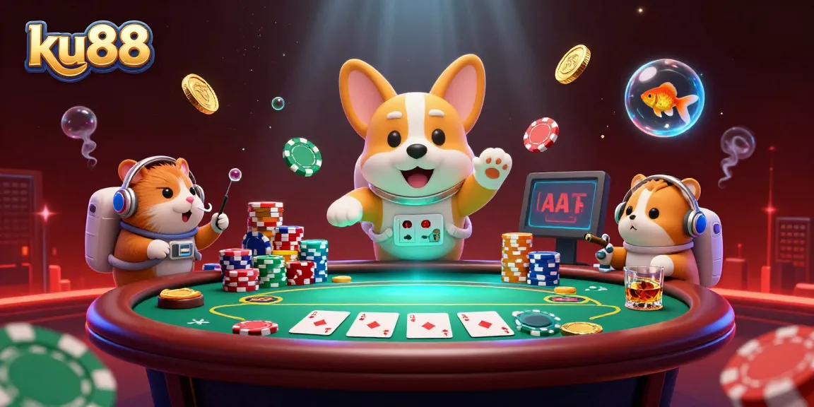 ku88 themed illustration of a corgi astronaut in a casino with floating poker chips and coins