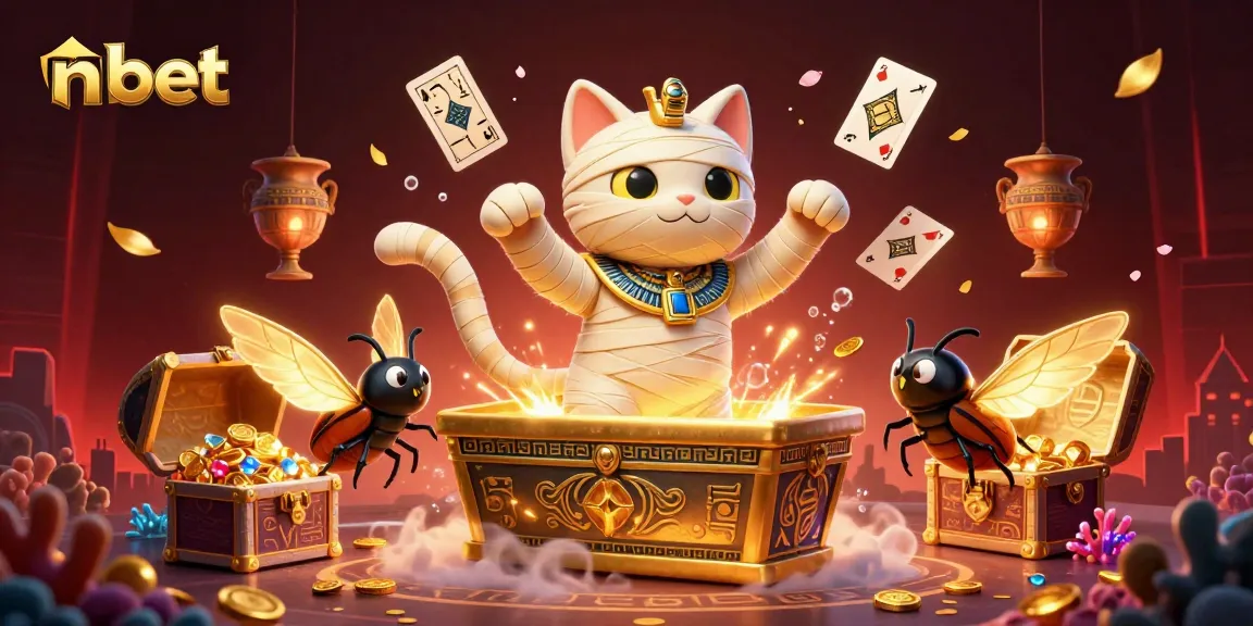 Engage with nbet’s thrilling world through a vibrant illustration of a mummy cat and scarab in a pyramid casino.