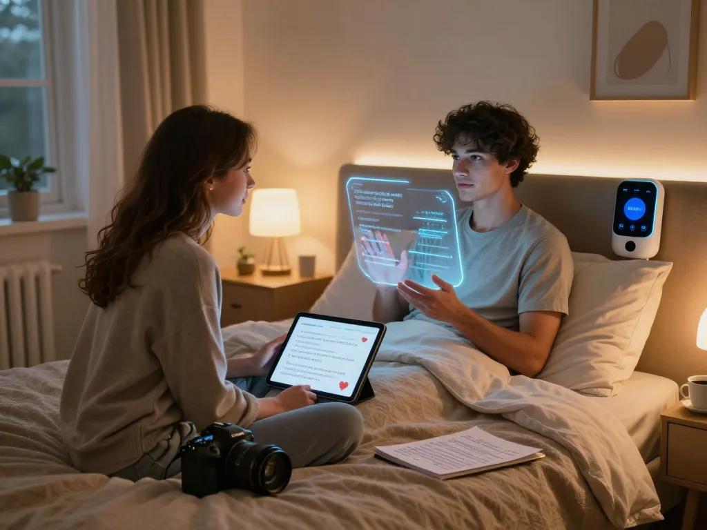 AI sex technology enhancing intimacy with a holographic companion and modern decor.