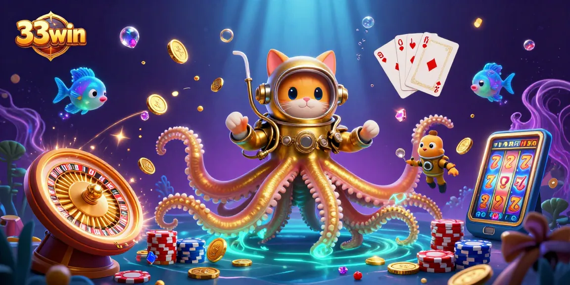 Engage with 33win's thrilling gaming scene featuring a kraken and a diving cat.