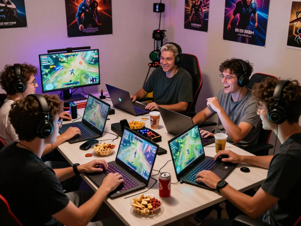 Engaging multiplayer gaming scene at www.mantra88.com with friends, laptops, and snacks.