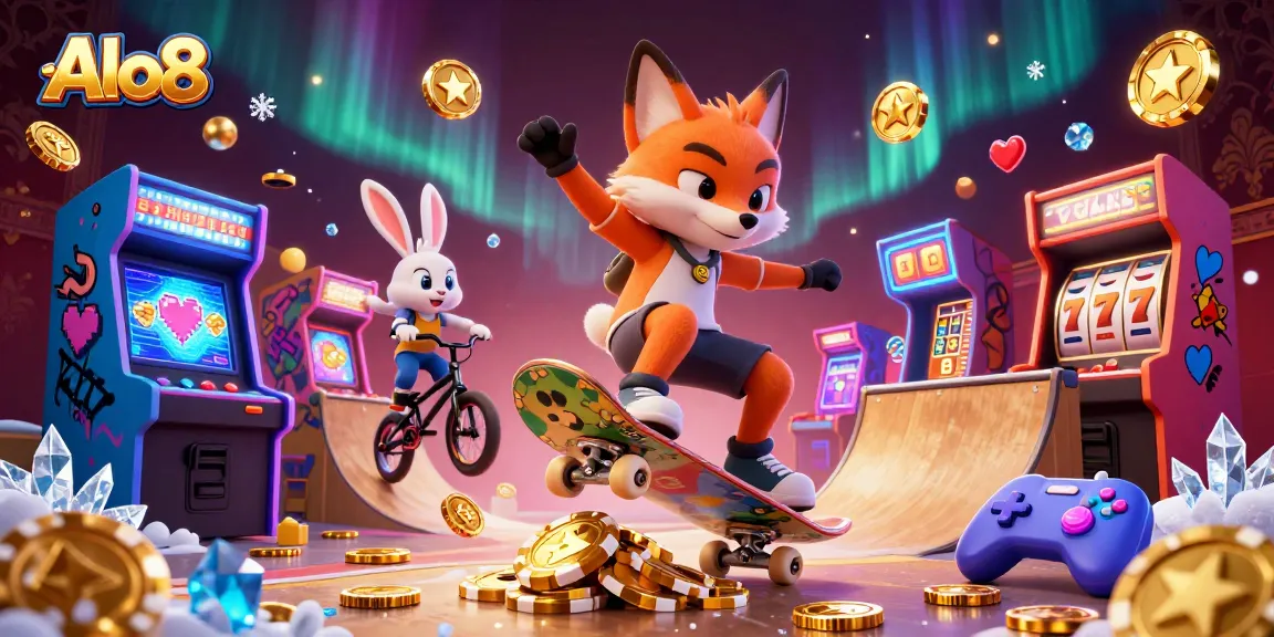 Alo8 casino-themed illustration with a skateboarder fox and BMX rabbit, featuring slot reels and golden poker chips.
