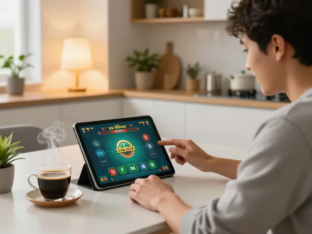 Engaging in tài xỉu online gaming on a tablet in a cozy home environment, highlighting strategic play.