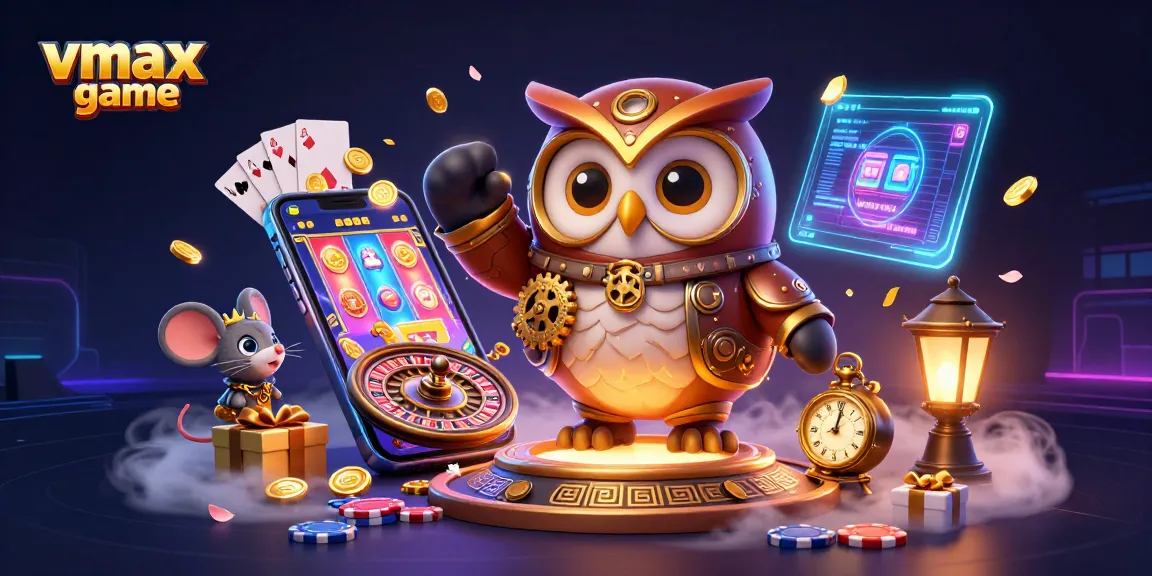 Engage in vmax game with 3D cartoon characters and vibrant casino elements in this dynamic illustration.