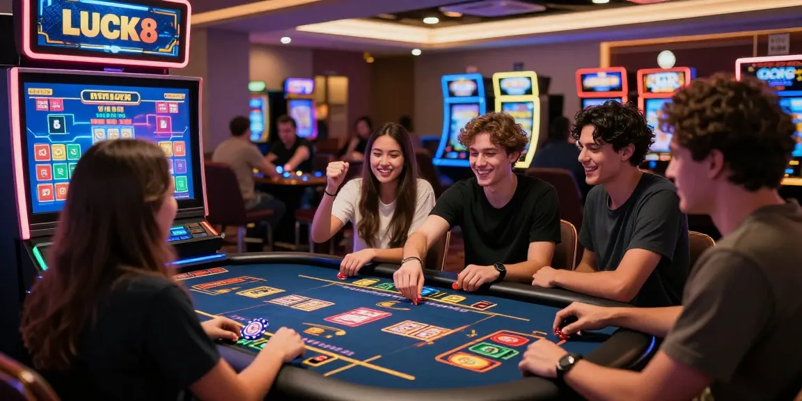 Engaged friends playing at a LUCK8 gaming station, showcasing vibrant casino atmosphere.