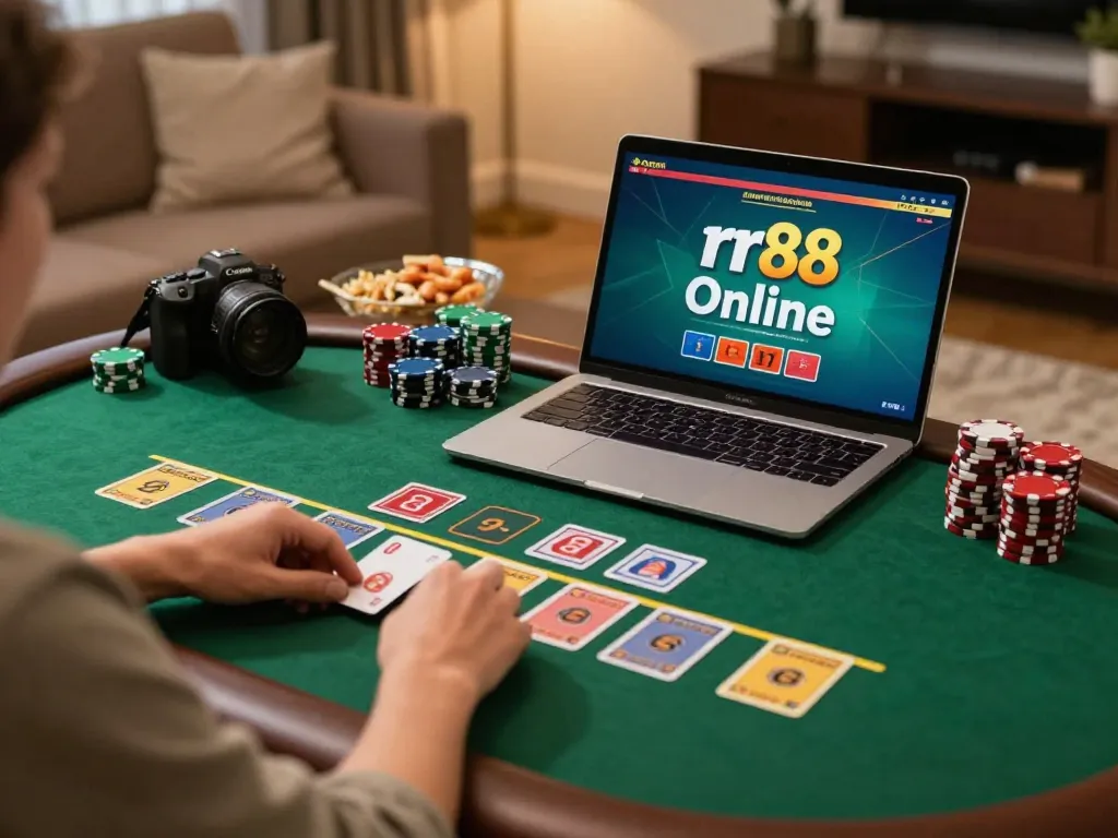 Player enjoying a live dealer blackjack session at rr88 in a cozy home environment