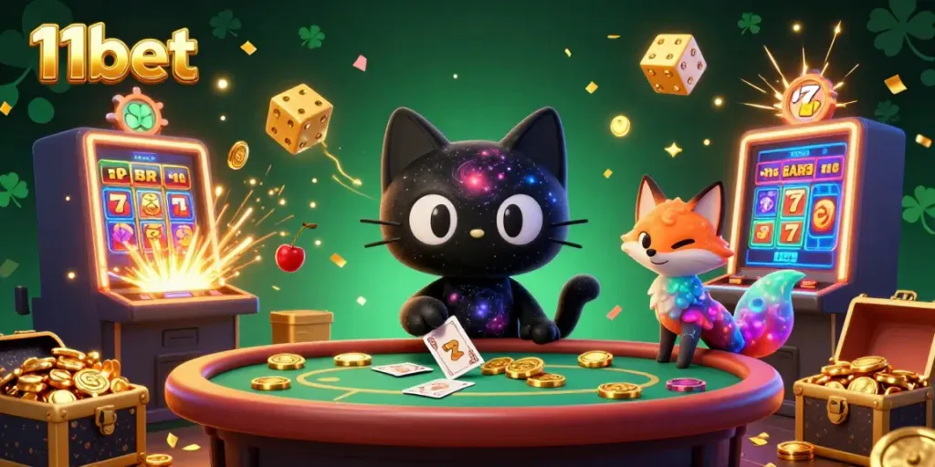 11bet's exciting casino experience featuring animated characters, treasures, and vibrant symbols.