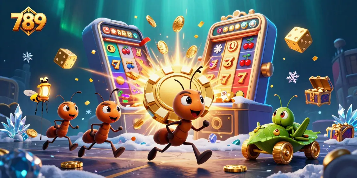 Engage with thrilling action at 789 casino, featuring energetic ants on a heist with a golden poker chip amidst vibrant slots.