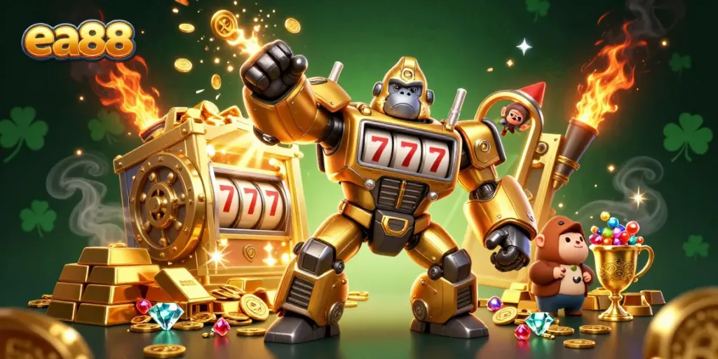 Experience thrilling action with the ea88 golden gorilla mech amidst explosive coin wins and riches.