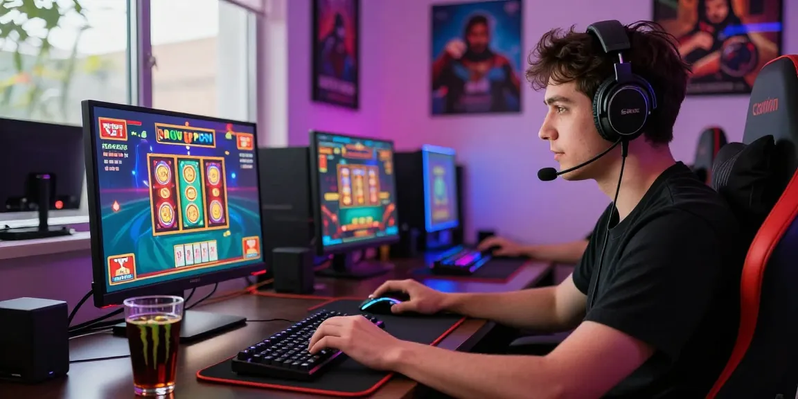Lemacau Login scene with a focused player enjoying live casino games in a vibrant home office.