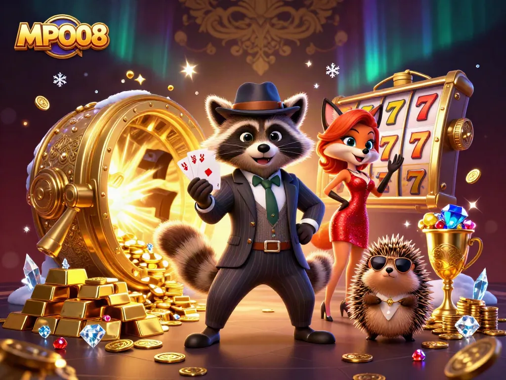 Experience the luxurious world of MPO08 with cartoon raccoon and friends in a thrilling casino atmosphere.