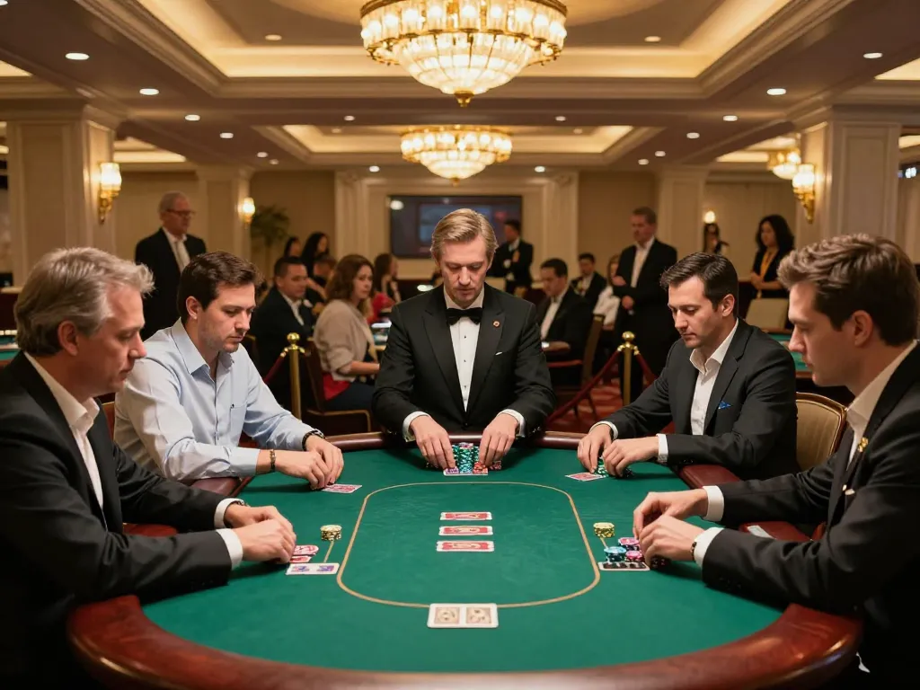 Schoeneckhotel guests enjoying competitive poker at a vibrant casino floor.