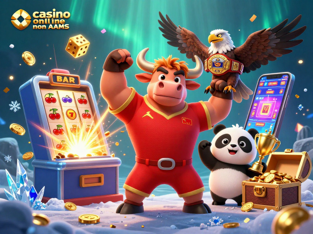 Casinò online non AAMS: La mascotte del toro celebra una vittoria con trofei e giochi