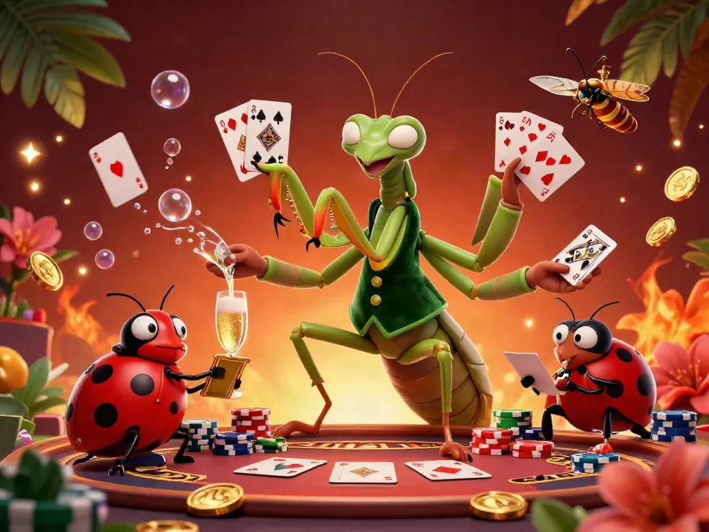 Giant mantis dealing cards in a vibrant casino scene showcasing game bài đổi thưởng elements.